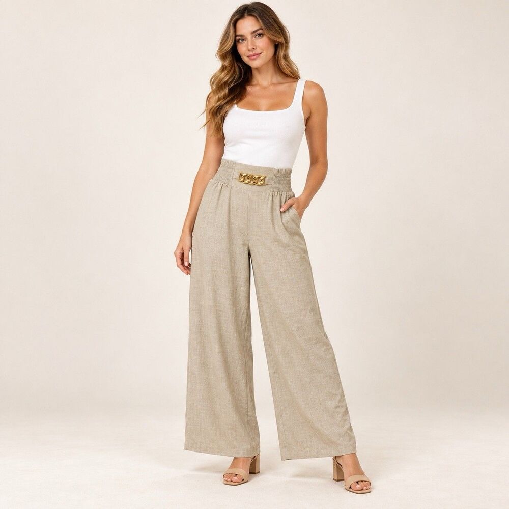 SHEIN Beige Wide Leg Pants L Smocked Stretch Waist Gold Chain Detail Lightweight